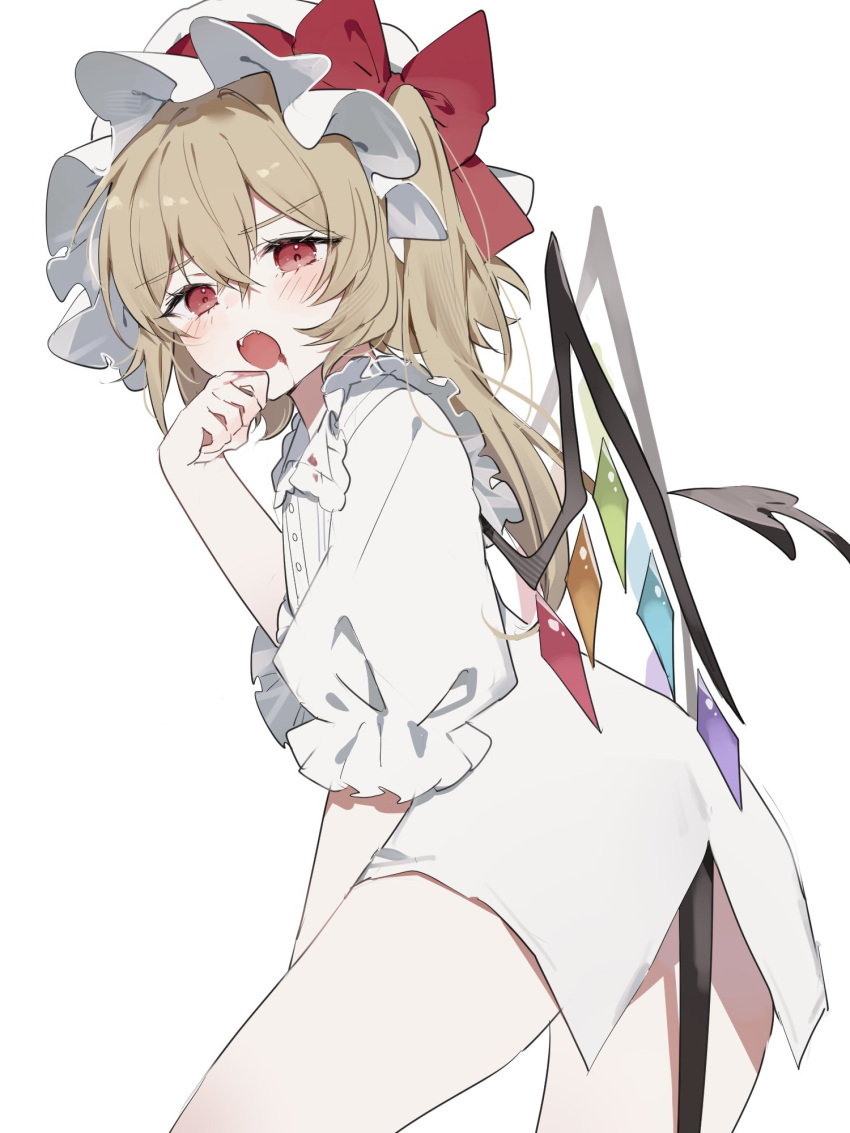 1girl blonde_hair blood blood_from_mouth blush bow crystal demon_tail flandre_scarlet hat hat_ribbon highres looking_at_viewer mob_cap open_mouth puffy_short_sleeves puffy_sleeves red_eyes ribbon shirt short_hair short_sleeves side_ponytail sorani_(kaeru0768) tail touhou white_shirt wings