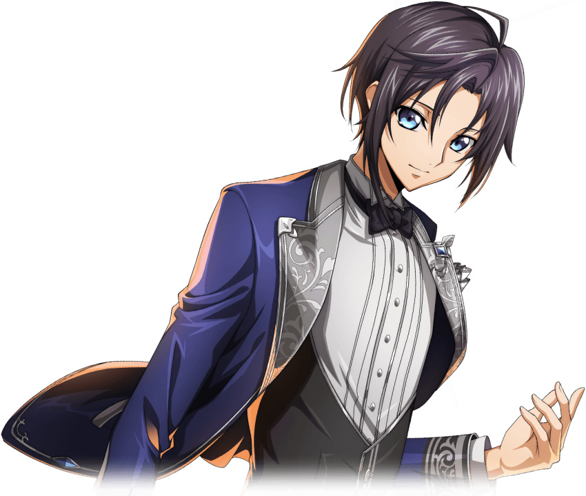 1boy ahoge artist_request backlighting black_bow black_bowtie black_hair black_vest blue_eyes blue_gemstone blue_jacket bow bowtie buttons closed_mouth code_geass code_geass:_lost_stories collared_shirt cropped_torso dutch_angle game_cg gem hair_between_eyes hand_up happy jacket lapels layered_sleeves looking_at_viewer male_focus mario_disel non-web_source official_art open_clothes open_jacket shirt short_hair sidelocks simple_background smile solo standing traditional_bowtie transparent_background upper_body vest white_shirt