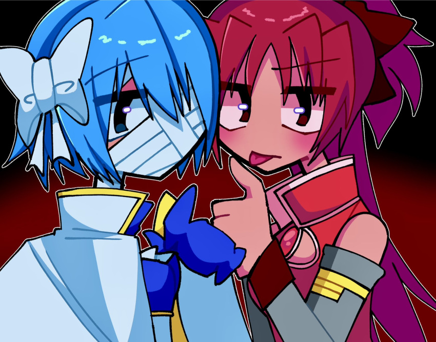 2girls bandaged_head bandages blue_hair bow cape dress gradient_background ha_nene00 hair_bow high_ponytail highres long_hair looking_at_viewer magical_girl mahou_shoujo_madoka_magica mahou_shoujo_madoka_magica:_walpurgis_no_kaiten miki_sayaka multiple_girls one_eye_covered red_background red_dress red_hair sakura_kyoko short_hair sleeveless sleeveless_dress soul_gem tongue tongue_out white_bow white_cape