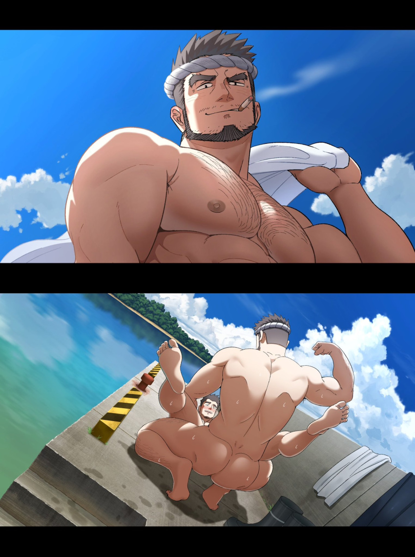 2boys anal ass bara beard biceps blue_sky blurry boots cigarette cowboy_shot day depth_of_field facial_hair flexing forked_eyebrows from_behind full_beard full_body hachimaki hairy headband highres holding holding_clothes holding_shirt large_pectorals looking_at_viewer lying male_focus mature_male missionary multiple_boys muscular muscular_male mustache_stubble nipples nude ocean on_back original oro9 outdoors paid_reward_available pectorals public_indecency sanpaku seductive_smile sex shirt short_hair sky smile smoking sparse_chest_hair spread_ass squatting stubble testicle_hair thick_eyebrows thick_leg_hair tsurime unworn_boots yaoi