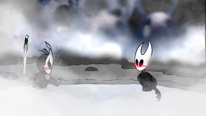 16:9 anthro arthropod bathing blush duo female hi_res hollow_knight hornet_(hollow_knight) hot_spring hybrid insect male novaarts posha_(novaarts) team_cherry video_games water wet widescreen