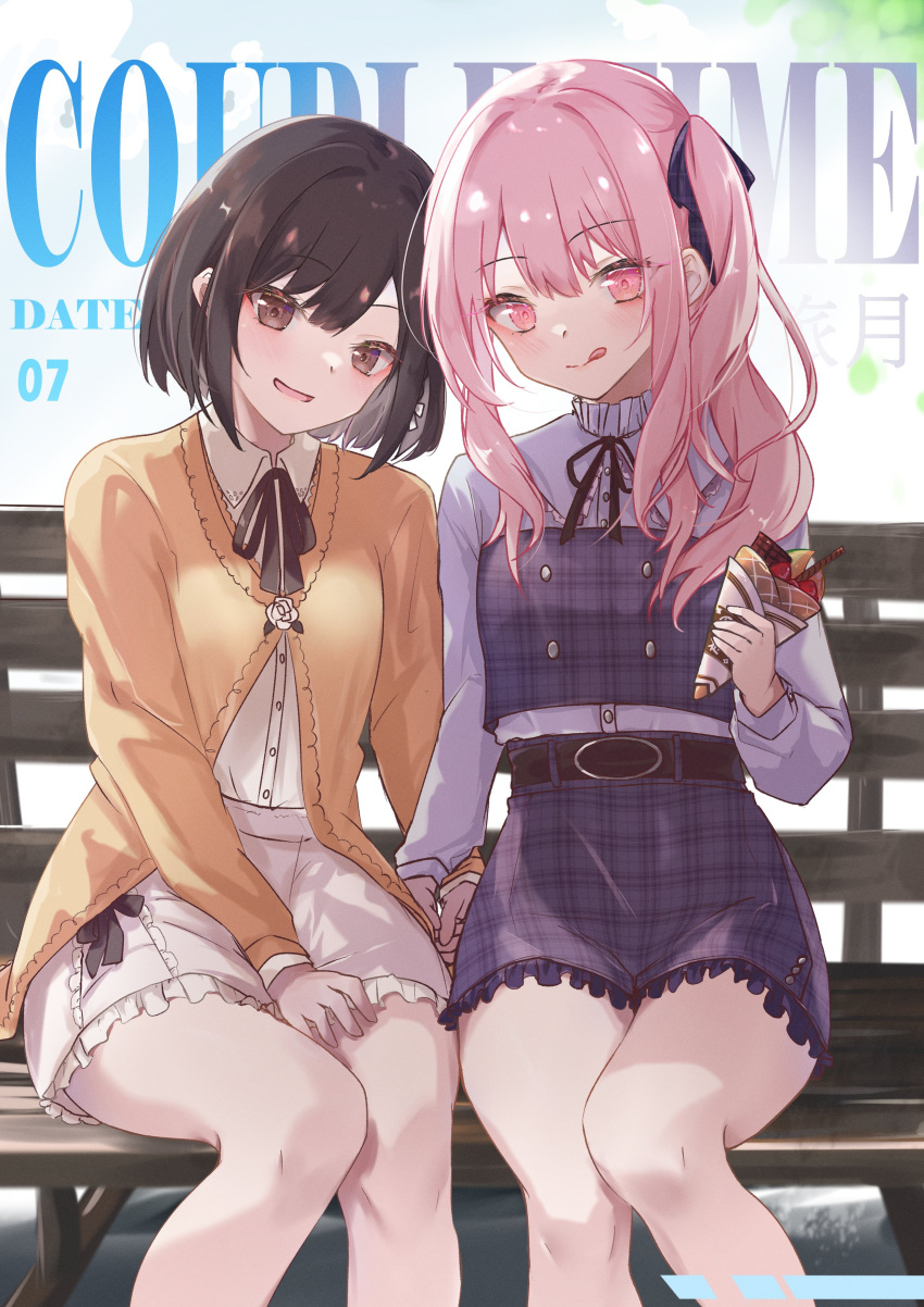 2girls :d absurdres akiyama_mizuki belt bench black_hair black_ribbon blush brown_eyes cardigan dress hair_ribbon highres holding jacket long_hair long_sleeves looking_at_viewer multiple_girls pink_hair project_sekai ribbon shinonome_ena shirt sitting smile tabitsuki tongue tongue_out white_shirt