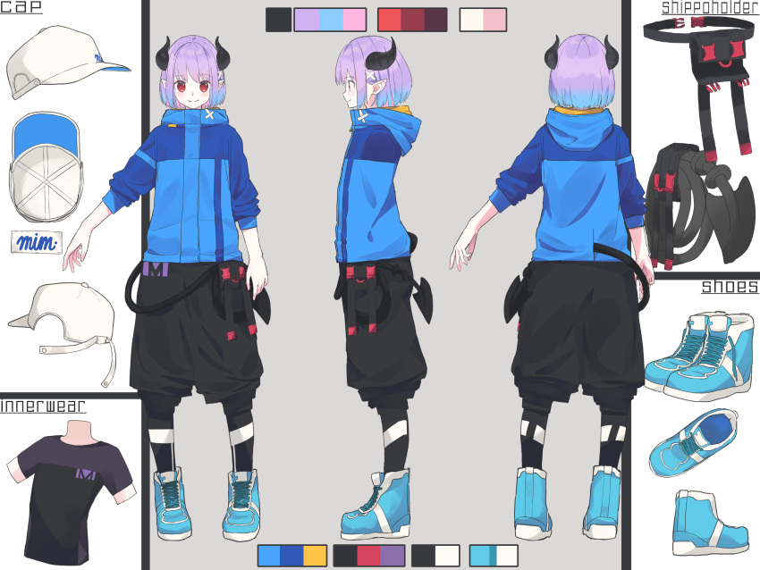 1girl absurdres androgynous artist_request baseball_cap belt black_belt black_leggings black_shorts blue_footwear blue_hair blue_jacket blue_shirt closed_mouth color_guide colored_tips demon_horns demon_tail english_text grey_background hair_ornament hat highres hood hood_down hooded_jacket horns indie_virtual_youtuber jacket leggings leggings_under_shorts mimic_(vtuber) multicolored_hair multiple_views parka pointy_ears puffy_shorts purple_hair reference_sheet romaji_text shirt shoes short_hair short_sleeves shorts sleeves_pushed_up smile tail tail_through_clothes turnaround unworn_hat unworn_headwear virtual_youtuber x_hair_ornament