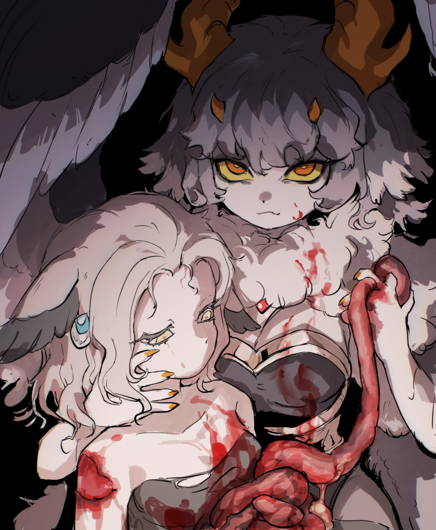 2girls aiara_(cyany) animal_ears black_background blood blood_on_clothes blood_on_face blood_on_hands breasts bright_pupils claws closed_mouth colored_eyelashes colored_sclera colored_skin colored_tips cyany dark death empty_eyes english_commentary feathered_wings grey_hair grey_skin grey_wings guro half-closed_eyes hand_on_another's_face highres holding horns injury intestines large_breasts looking_at_viewer monster_girl multicolored_hair multiple_girls multiple_horns murder neck_fur orange_eyes orange_horns original short_hair simple_background smile upper_body white_pupils wings yellow_sclera