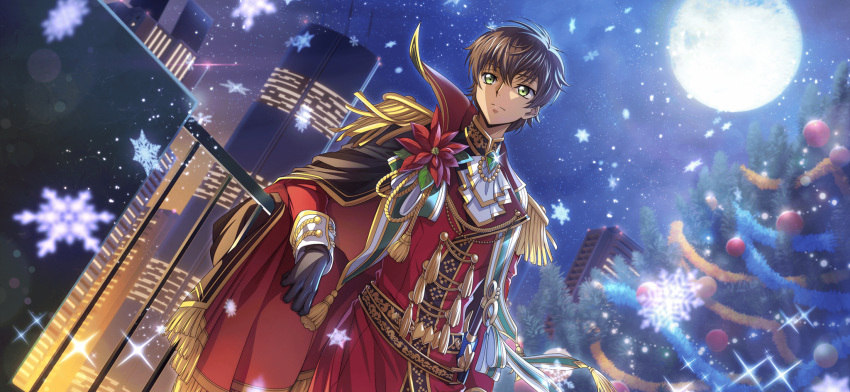 1boy against_railing arm_at_side artist_request ascot backlighting black_cloak black_gloves blue_sky brooch brown_hair building christmas christmas_tree city cloak closed_mouth coat code_geass code_geass:_lost_stories dutch_angle epaulettes expressionless flower full_moon game_cg gem glint gloves green_eyes green_gemstone green_ribbon high_collar highres jewelry kururugi_suzaku long_sleeves looking_afar male_focus military_uniform moon night non-web_source official_art outdoors railing red_coat red_flower ribbon rope sheath sheathed short_hair sky skyscraper snowflakes snowing solo sparkle split_mouth standing star_(sky) sword tassel two-sided_cloak two-sided_fabric uniform upper_body weapon white_ascot
