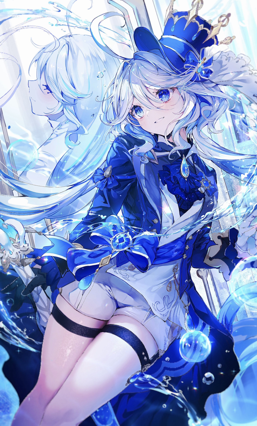 2girls absurdres blue_eyes blue_gemstone blue_hat focalors_(genshin_impact) furina_(genshin_impact) gem genshin_impact hat heterochromia highres holding holding_sword holding_weapon liquid_hair long_hair looking_at_viewer multiple_girls noyu_(noyu23386566) solo sword thighs top_hat water weapon