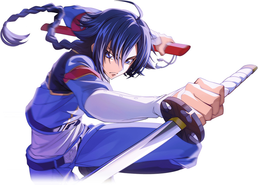 1boy ahoge armband arms_up artist_request belt belt_buckle black_footwear blue_eyes blue_hair blue_jacket blue_pants braid braided_ponytail buckle closed_mouth code_geass code_geass:_boukoku_no_akito code_geass:_lost_stories cropped_legs game_cg hair_between_eyes hair_flaps holding holding_sheath holding_sword holding_weapon hyuuga_akito jacket jumping katana layered_sleeves leg_up long_hair long_sleeves looking_at_viewer male_focus military_uniform motion_blur non-web_source official_art outstretched_arm pants sheath shirt shoes sidelocks simple_background solo sword transparent_background uniform v-shaped_eyebrows weapon white_shirt