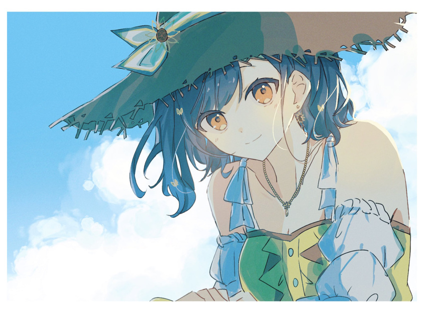 bare_shoulders blue_hair dress hat highres looking_at_viewer medium_hair off-shoulder_dress off_shoulder project_sekai shiraishi_an sky yellow_eyes yuki72611