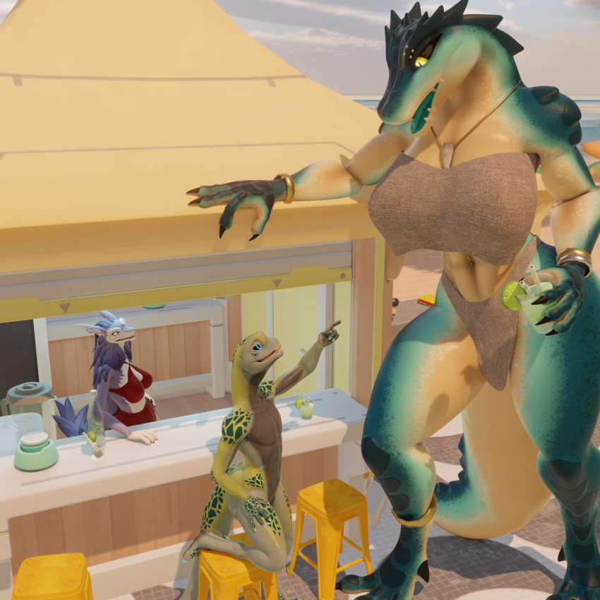 anthro beach beverage bikini bikini_top bottomwear bracelet breasts clothed clothed_female clothing container crocodilian cup drinking_glass duo eye_contact eyebrow_piercing facial_piercing female gesture glass glass_container glass_cup hand_gesture hi_res jewelry kroxigor kroxigor_(vulgarvictor) larger_female lizardman lizardman_(warhammer) lizardman_(whiteperson) loincloth looking_at_another male necklace nude_male outside piercing pointing pointing_at_another public reptile scalie sergal size_difference skirt sky_(furromantic) smaller_female smaller_male swimwear tail talking_to_another talking_to_partner void_dragon216 warhammer_(franchise)