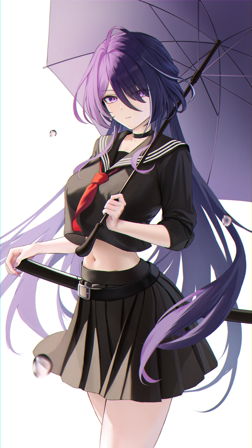 1girl absurdres acheron_(honkai:_star_rail) ahoge belt black_belt black_choker black_serafuku black_skirt breasts choker cowboy_shot diamond-shaped_pupils diamond_(shape) highres holding holding_sword holding_umbrella holding_weapon honkai:_star_rail honkai_(series) large_breasts looking_at_viewer midriff multicolored_hair muu_maa_muu nail_polish navel purple_eyes purple_hair purple_nails purple_umbrella scabbard school_uniform serafuku sheath simple_background skirt solo streaked_hair sword symbol-shaped_pupils umbrella water_drop weapon white_background