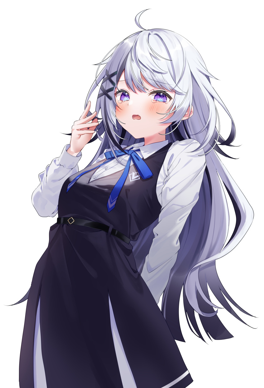 1girl absurdres ahoge apron black_apron blush breasts hair_ornament hand_up highres large_breasts long_hair looking_at_viewer open_mouth pome_charo purple_eyes simple_background solo square_pupils tearing_up uniform variant_set virtual_youtuber white_background white_hair x_hair_ornament yawning