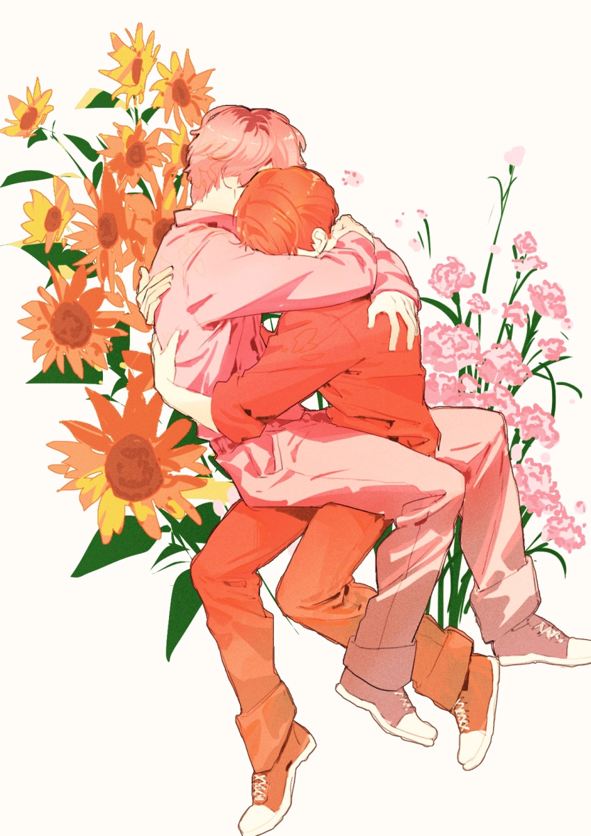 2boys arm_around_neck collared_jacket cross-laced_footwear flower full_body hands_on_another's_back head_on_another's_shoulder highres hug jacket jersey long_sleeves male_focus mukai_kouji multiple_boys pants petals pink_flower pink_footwear pink_hair pink_jacket pink_pants pink_rose pink_sleeves pocket qiuqiumao real_life red_footwear red_hair red_jacket red_pants red_sleeves rose sakuma_daisuke shoes short_hair simple_background sleeves_past_elbows sleeves_past_wrists sneakers snow_man_(jpop) sunflower sweatpants white_background yaoi yellow_flower