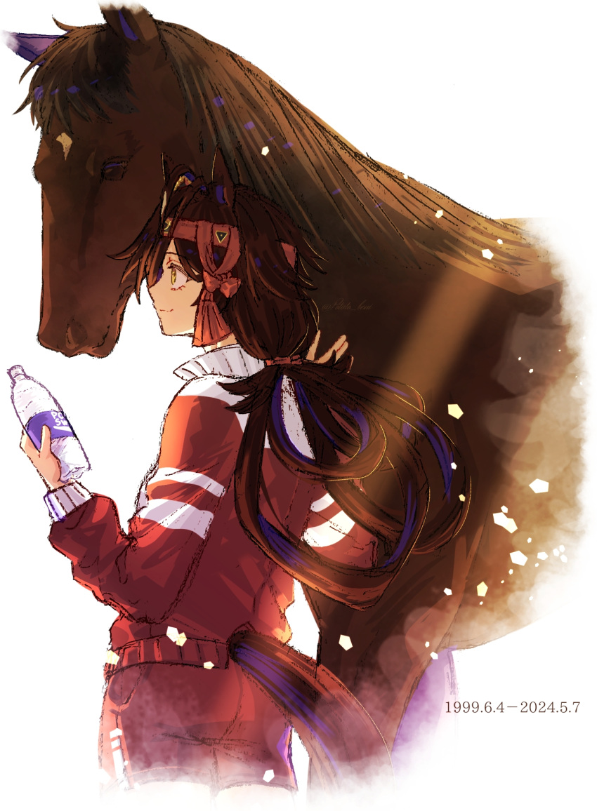 1girl ahoge alternate_costume animal_ears ass bottle brown_hair closed_mouth commentary_request creature_and_personification dated headband highres horse horse_ears horse_tail jacket jagaimobeniko lens_flare low_twintails no_reason_(umamusume) shorts smile tail track_jacket twintails umamusume water_bottle white_background yellow_eyes