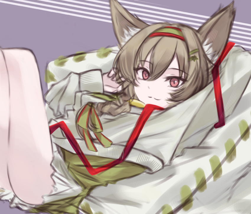 1girl :3 animal_ears arknights arm_behind_head beanstalk_(arknights) beanstalk_(gift_uncompleted)_(arknights) braid commentary_request dress green_dress green_hairband green_ribbon hair_ribbon hairband highres hyena_ears hyena_girl kiwicci large_ears legs long_hair long_sleeves looking_at_viewer lounging official_alternate_costume on_bed pink_eyes red_ribbon ribbon single_braid solo striped_clothes striped_hairband sweater white_sweater