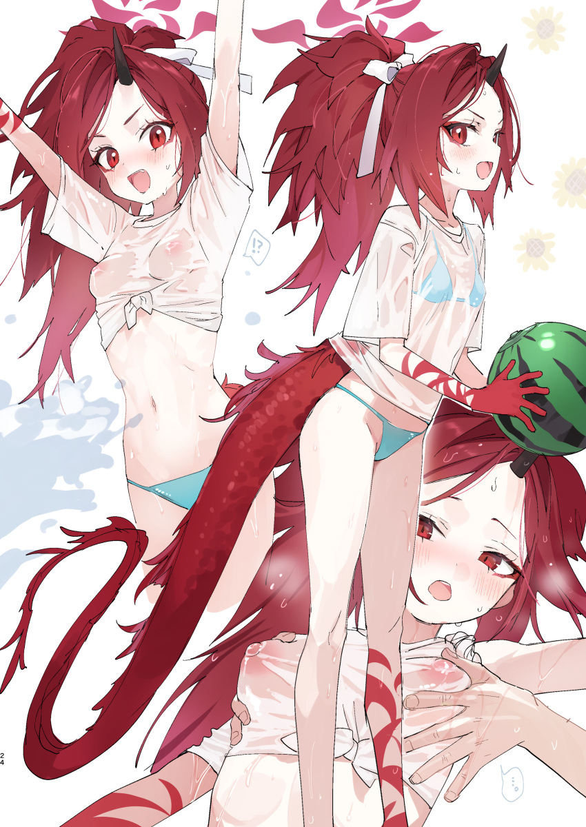 1girl 1other :d absurdres alternate_costume arms_up bikini blue_archive blue_bikini breasts covered_nipples dragon_tail eyeliner halo highres horns long_hair looking_at_viewer makeup multiple_views navel open_mouth parted_bangs ponytail red_eyes red_hair renge_(blue_archive) shirt short_sleeves simple_background single_horn small_breasts smile swimsuit tail wet white_background white_shirt yanyo_(ogino_atsuki)