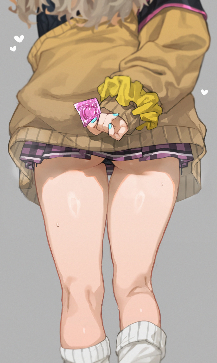 1girl absurdres aqua_nails arm_behind_back black_panties black_skirt blurry brown_cardigan cardigan collagen commentary_request condom condom_wrapper curly_hair depth_of_field feet_out_of_frame from_behind grey_background head_out_of_frame highres holding holding_condom kasukabe_tsumugi kneepits long_hair nail_polish off_shoulder panties panty_peek plaid plaid_skirt pleated_skirt purple_skirt scrunchie skirt socks solo standing thigh_gap thighs underbutt underwear voicevox white_socks wrist_scrunchie yellow_scrunchie