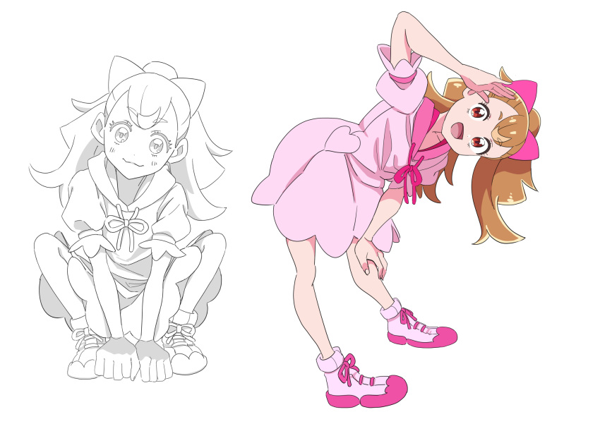 1girl bow drawstring dress gya-tei hair_bow hand_on_own_knee highres hood hood_down hooded_dress inukai_komugi leaning_forward lineart long_hair looking_at_viewer no_socks open_mouth pink_bow pink_dress pink_footwear precure red_eyes salute shoes short_dress short_sleeves simple_background sketch smile solo split_ponytail squatting standing white_background wonderful_precure!