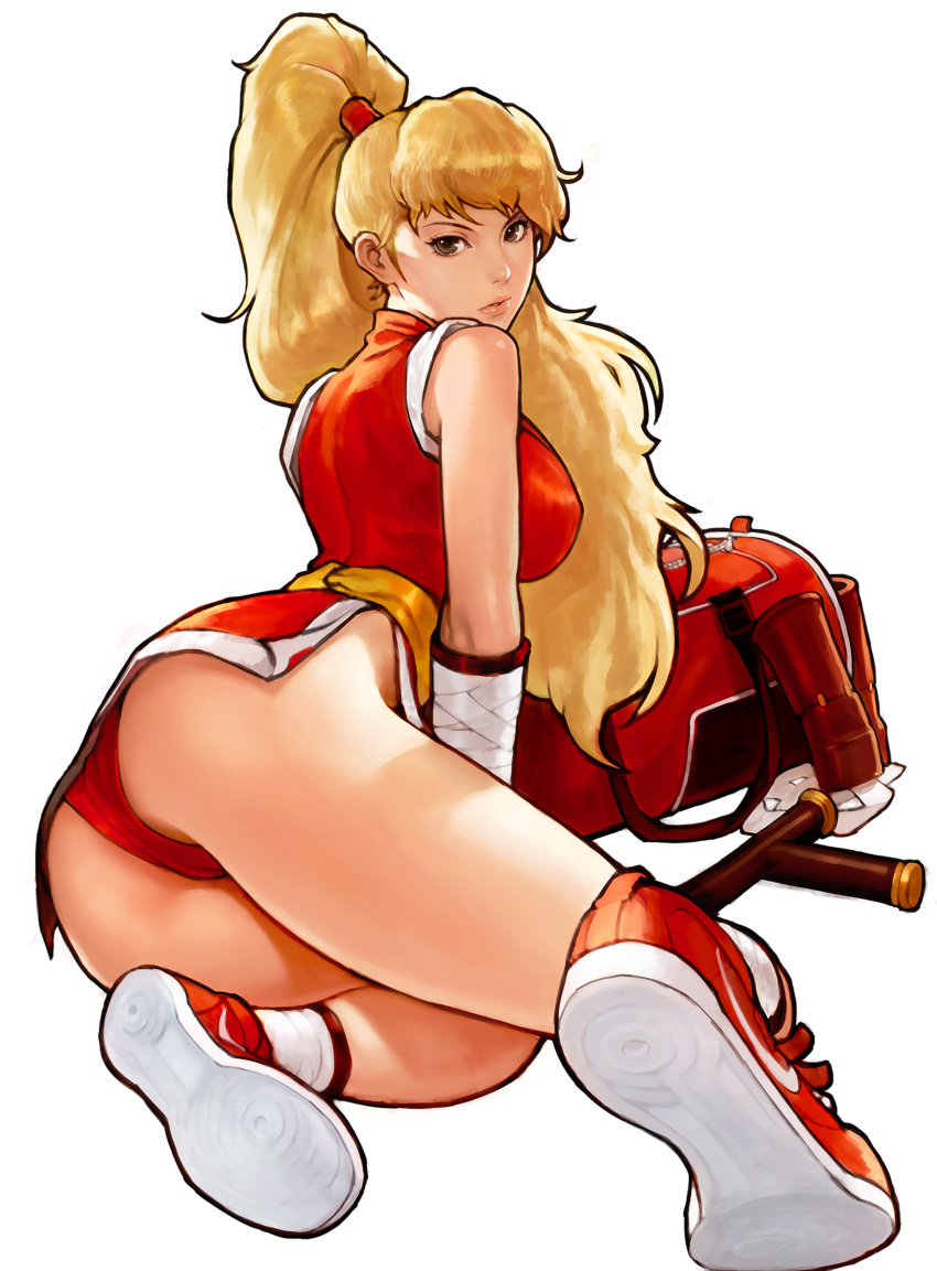 1girl absurdres ass blonde_hair breasts brown_eyes capcom_vs_snk_2 commentary english_commentary final_fight from_behind full_body genryuusai_maki high_ponytail highres japanese_clothes kim_sung_hwan kimono large_breasts lips looking_at_viewer nike ninja no_pants nose panties pantyshot red_footwear red_panties shoes short_kimono side_slit sleeveless sneakers socks solo thighs tonfa twisted_torso underwear upskirt vambraces weapon white_background