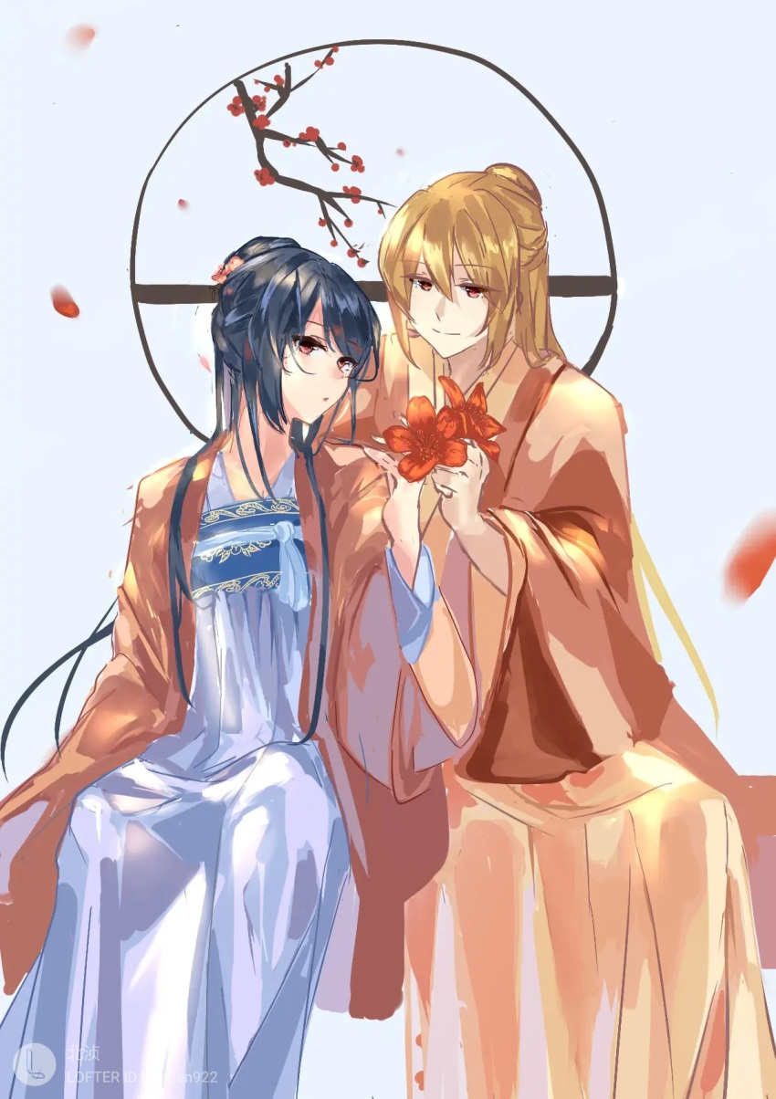 2girls beizhen922 black_hair blonde_hair chinese_clothes flower hair_flower hair_ornament hanfu highres holding holding_flower long_hair looking_at_another multiple_girls petals qixiong_ruqun red_eyes ruqun sitting smile yuri