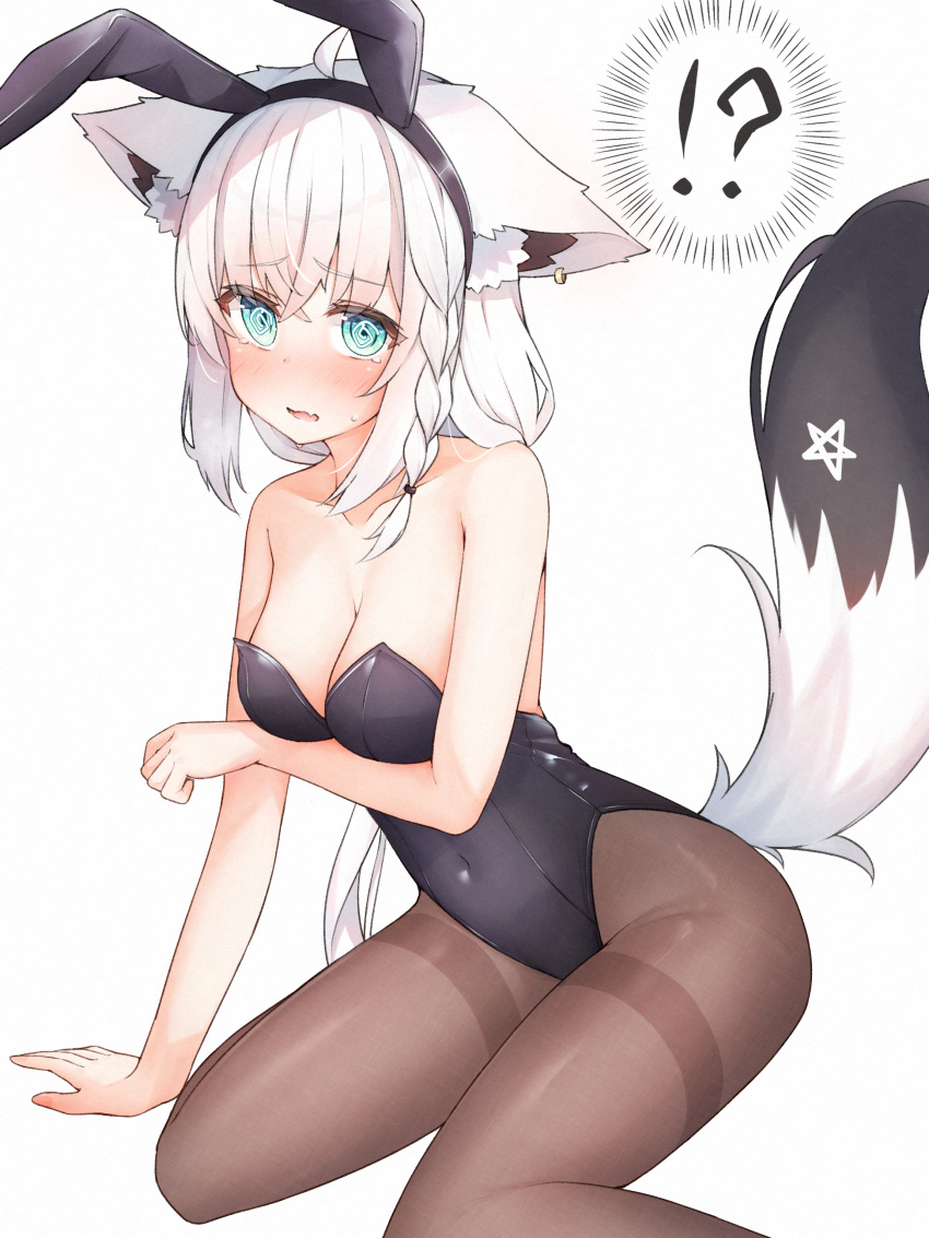 !? 1girl absurdres ahoge akaboshi_natsume animal_ear_fluff animal_ears bare_arms black_leotard black_pantyhose blush braid breast_lift breasts cleavage commentary_request earrings ears_down embarrassed fake_animal_ears fox_ears fox_girl fox_tail green_eyes hair_between_eyes highres hololive jewelry leotard long_hair looking_at_viewer medium_breasts open_mouth pantyhose pentagram playboy_bunny rabbit_ears shirakami_fubuki sidelocks simple_background single_braid sitting solo tail virtual_youtuber wariza wavy_mouth white_background white_hair