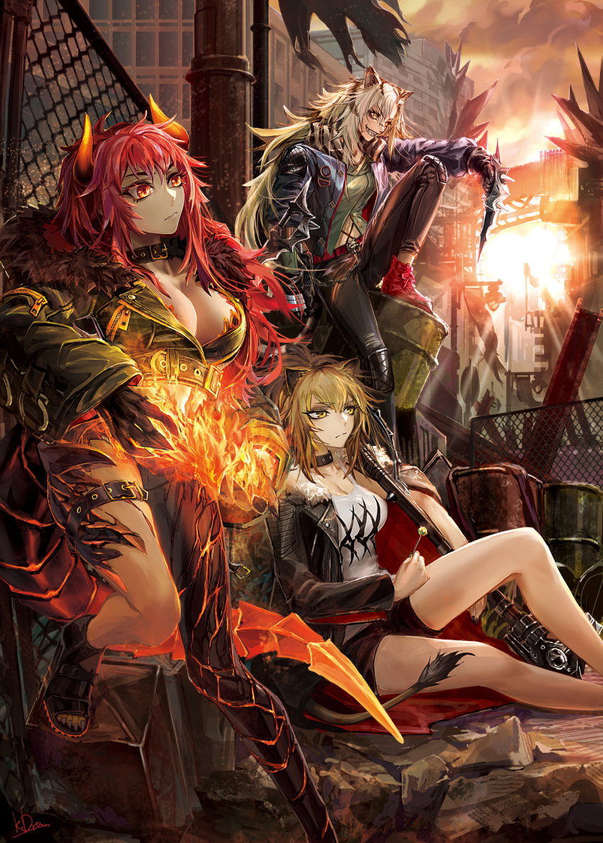 3girls animal_ears arknights arm_on_knee black_collar black_shorts breasts brown_eyes brown_hair candy city cleavage closed_mouth collar cropped_jacket crystal dagger dragon_girl dragon_horns dragon_tail drum_(container) fire food fur-trimmed_jacket fur_trim grey_hair grin hammer highres holding holding_candy holding_dagger holding_food holding_hammer holding_knife holding_lollipop holding_weapon horns indra_(arknights) jacket knee_up knife kuro_dora large_breasts leather leather_jacket lion_ears lion_tail lollipop long_hair long_sleeves multiple_girls outdoors red_eyes red_footwear red_hair ruins scales shirt short_shorts shorts siege_(arknights) signature sitting smile sun tail underbust very_long_hair weapon white_shirt