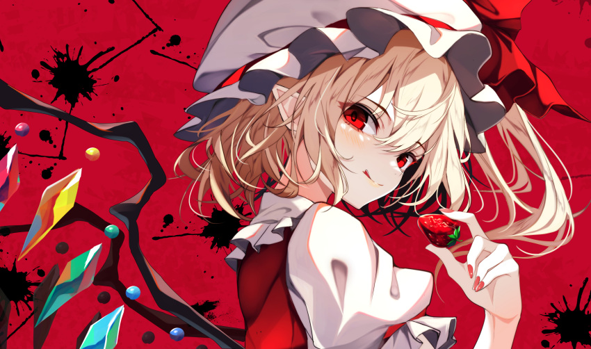 1girl :q blonde_hair blush bright_pupils close-up closed_mouth commentary crystal eyelashes flandre_scarlet floating_hair food from_side fruit hair_between_eyes hand_up hat highres holding holding_food holding_fruit licking_lips looking_at_viewer medium_hair mob_cap nail_polish pointy_ears puffy_short_sleeves puffy_sleeves red_background red_eyes red_nails short_sleeves simple_background smile solo split_mouth strawberry tongue tongue_out touhou tsurime white_hat wings yamanakaume
