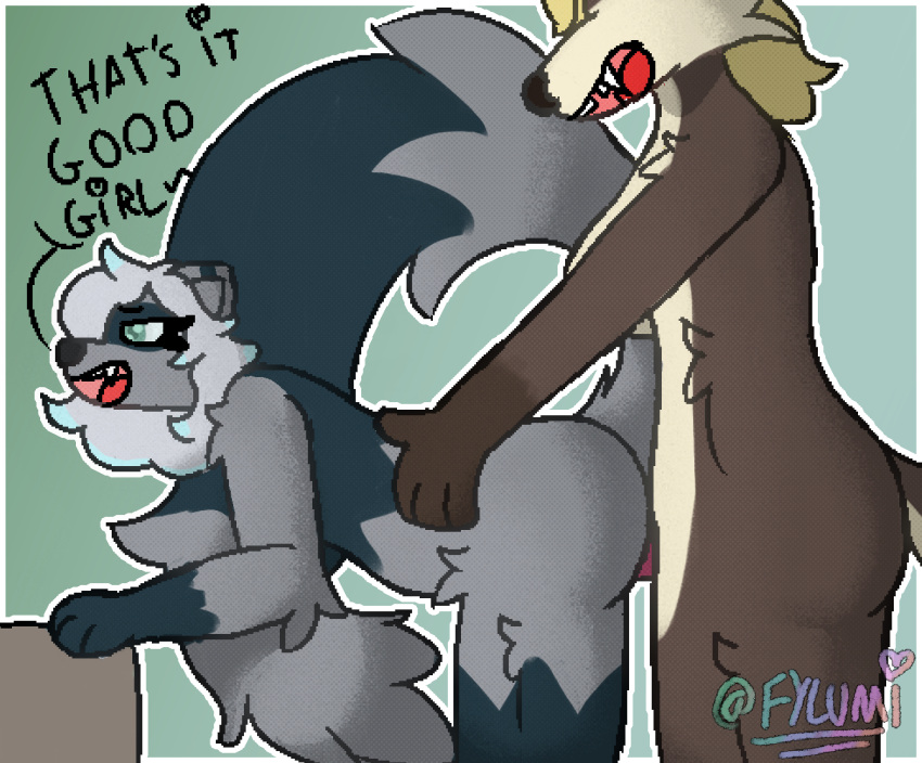 anthro badger bent_over dialogue domestic_ferret duo female female_penetrated femlumi_(fylumi) fylumi gynomorph hands_on_hips hi_res intersex intersex/female mammal mustelid musteline penetration tagme true_musteline weasel