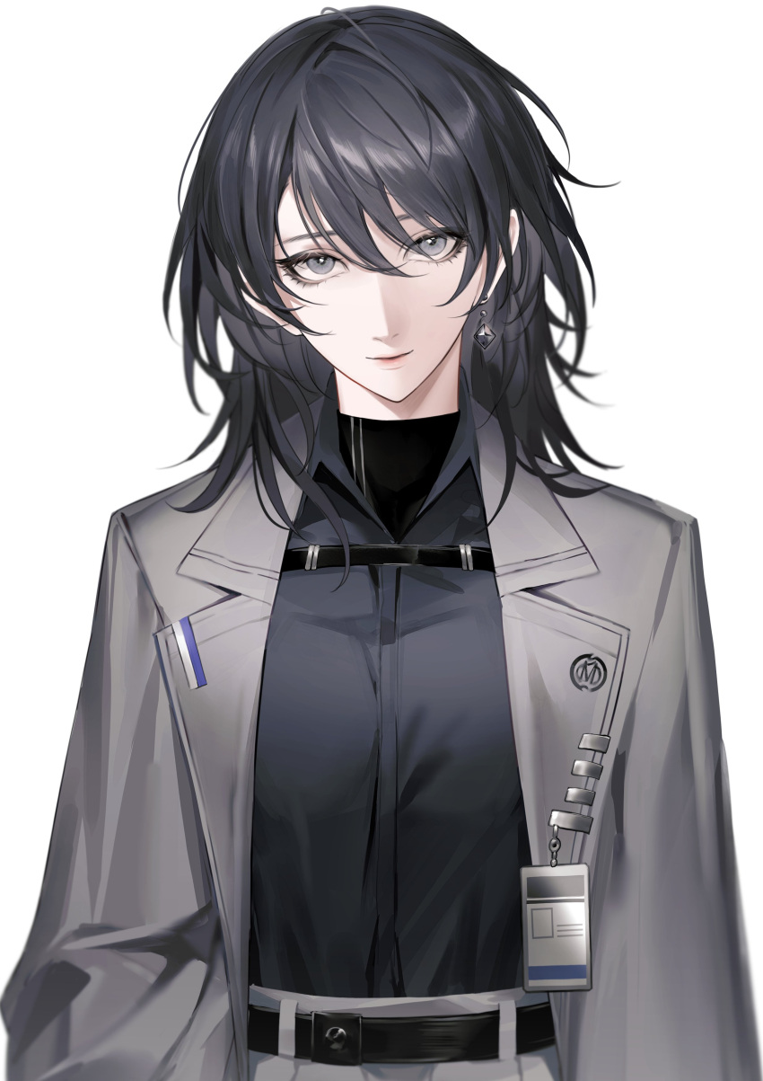 1girl absurdres black_hair black_shirt chest_strap chief_(path_to_nowhere) closed_mouth coat coat_on_shoulders collared_shirt earrings female_chief_(path_to_nowhere) grey_coat grey_eyes highres id_card jewelry long_hair looking_at_viewer path_to_nowhere shirt simple_background solo toho10min upper_body white_background