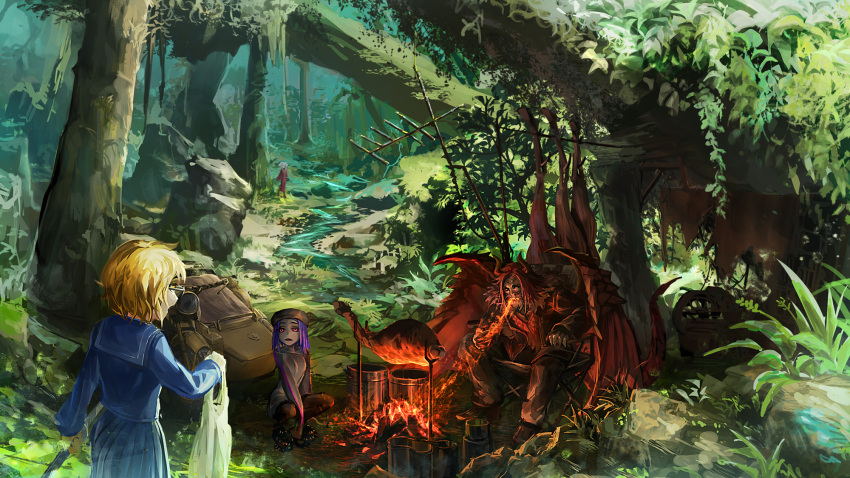 bag blonde_hair blue_sailor_collar blue_shirt blue_skirt breath_weapon breathing_fire campfire chair cooking dragon_boy dragon_horns dragon_tail dragon_wings fantasy fire folding_chair foliage food foreshortening highres holding holding_bag horns jacket kamigakari_(trpg) kuro_dora meat motor_vehicle motorcycle original outdoors panties plastic_bag pleated_skirt purple_hair radio_antenna red_eyes roasting sailor_collar scenery school_uniform shirt short_hair sidecar sitting skirt squatting stream tail tree underwear vest wide_shot wings