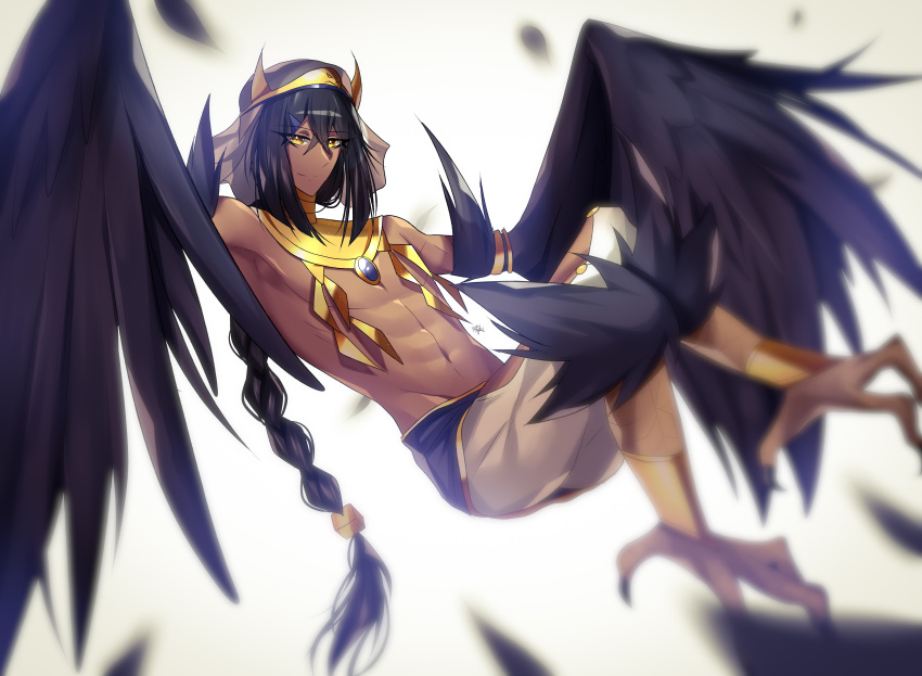 1boy abs absurdres armlet backlighting bangs bare_chest black_hair blurry_foreground claws egyptian egyptian_clothes egyptian_mythology feathered_wings feathers full_body hairband harpy_boy highres long_hair long_ponytail looking_at_viewer lury.sgh male_focus monster_boy navel original spread_wings toned toned_male very_long_hair wings yellow_eyes