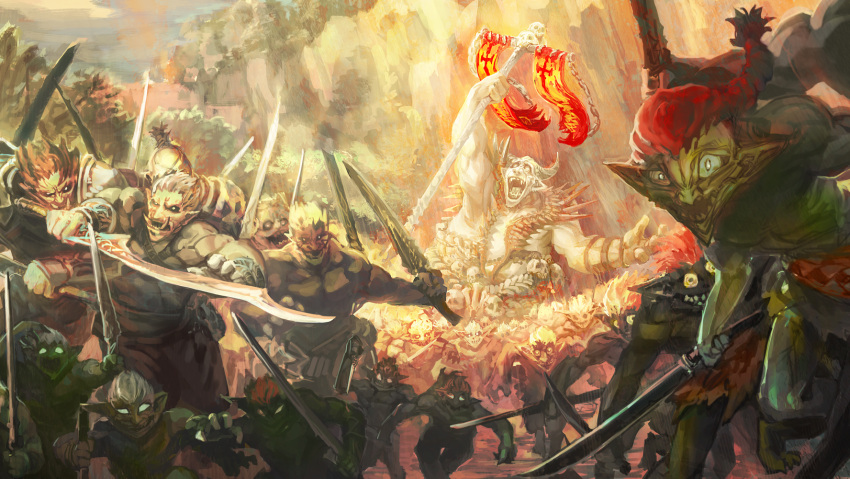 banner battle_standard braid cliff fantasy glowing glowing_eye goblin highres holding holding_sword holding_weapon kuro_dora looking_at_viewer no_humans ogre orc original outdoors pointy_ears red_hair standard_bearer sword sword_world_2.0 tusks war_banner weapon wide_shot