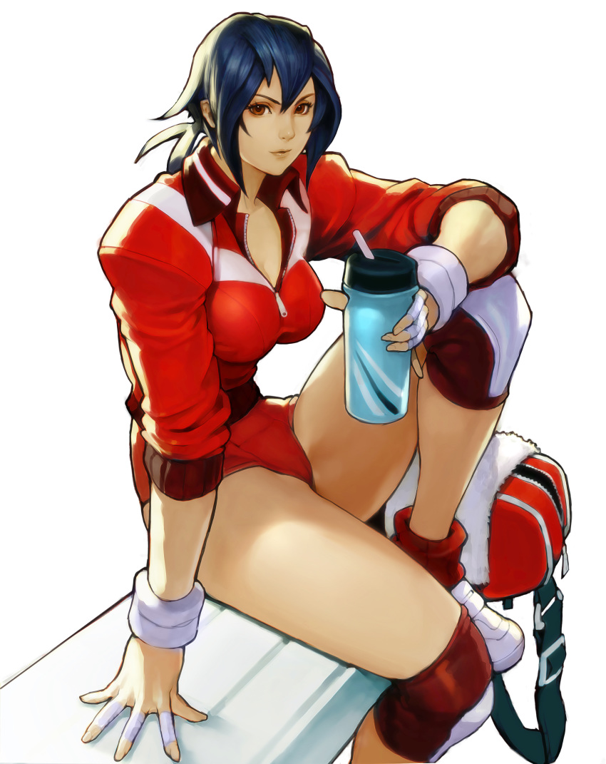 1girl absurdres ayuhara_natsu backlighting bag bandaged_fingers bandages black_hair bottle breasts brown_eyes cleavage commentary duffel_bag english_commentary gym_shorts highres jacket justice_gakuen kim_sung_hwan knee_pads large_breasts leg_up lips long_legs looking_at_viewer low_ponytail nose parted_lips pinky_out red_jacket red_shorts shiritsu_justice_gakuen shoes shorts sitting sleeves_pushed_up sneakers solo thighs towel water_bottle white_background white_footwear wristband zipper_pull_tab