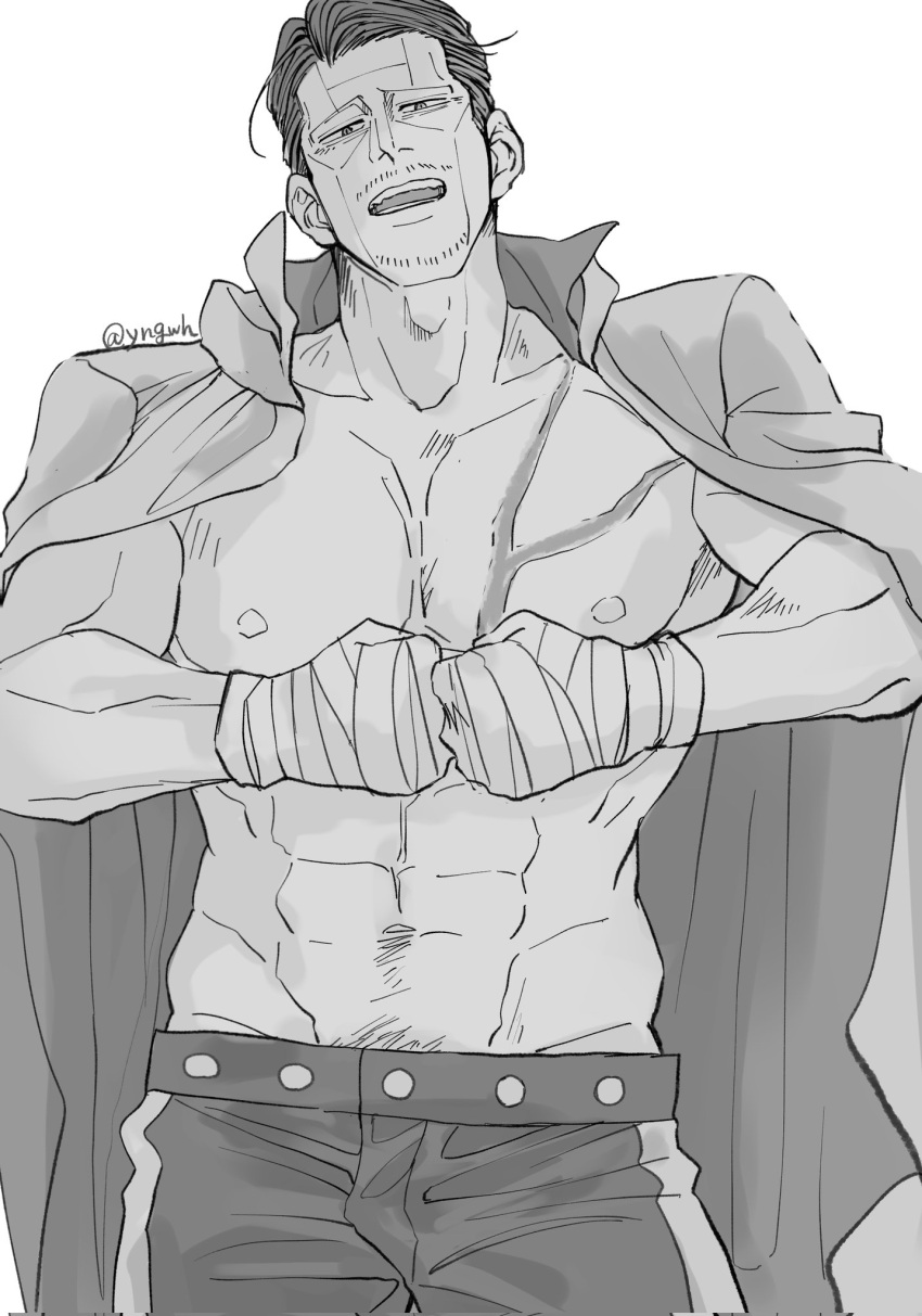 1boy adam's_apple bara bare_pectorals clenched_hands cowboy_shot facial_hair fighting_stance fist_bump goatee_stubble golden_kamuy greyscale head_tilt highres jacket jacket_on_shoulders kikuta_mokutaro large_pectorals looking_at_viewer male_focus mature_male monochrome muscular muscular_male nipples pectorals scar scar_on_face scar_on_forehead serious short_hair solo sparse_navel_hair standing stubble thick_eyebrows yngwh