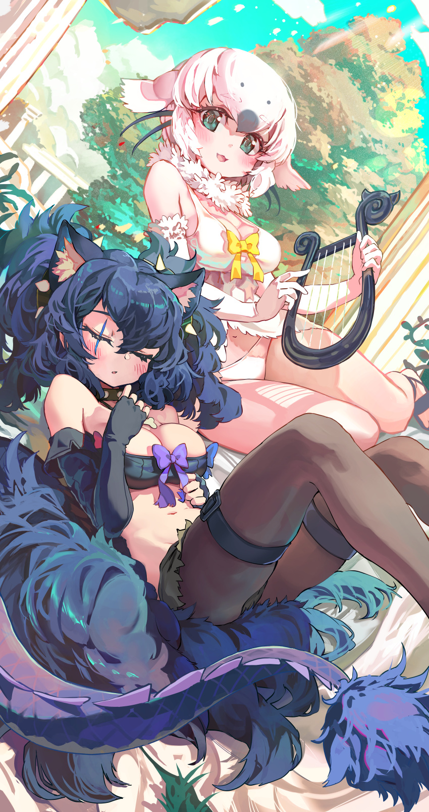 2girls :3 :d absurdres animal_ear_fluff animal_ears bare_legs bare_shoulders black_gloves black_hair black_pantyhose black_shorts breasts cerberus_(kemono_friends) closed_eyes collar commentary cutoffs day dog_ears elbow_gloves fingerless_gloves fur-tipped_tail fur-trimmed_gloves fur_collar fur_trim gloves green_eyes hair_between_eyes harp harp_seal_(kemono_friends) highres instrument kemono_friends large_breasts looking_at_viewer medium_hair melaton micro_shorts multiple_girls open_mouth outdoors panties pantyhose pillar scar scar_across_eye short_hair shorts smile spiked_collar spikes strapless tail thigh_strap tube_top twintails underwear white_gloves white_hair white_panties