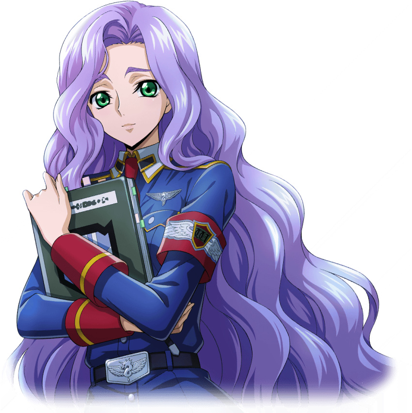 1girl anna_clement armband artist_request belt belt_buckle blue_dress book bookmark breast_pocket buckle buttons closed_mouth code_geass code_geass:_lost_stories collared_dress cropped_torso crossed_arms dress forehead game_cg green_eyes hair_intakes hand_up holding holding_book hugging_object long_hair long_sleeves looking_at_viewer military_uniform necktie non-web_source official_art pocket purple_hair red_necktie sidelocks simple_background solo standing transparent_background uniform upper_body very_long_hair