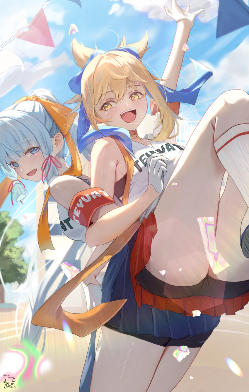 2girls absurdres alternate_costume armband asymmetrical_sidelocks black_shorts blonde_hair blue_eyes blue_hair blue_skirt blue_sky blunt_bangs blunt_tresses choker cloud cloudy_sky genshin_impact gloves hair_between_eyes half_gloves highres kamisato_ayaka kneehighs looking_at_another medium_hair multiple_girls open_mouth outdoors ponytail red_skirt sazanami_(re_n_rentaro) shirt shorts shorts_under_skirt signature skirt sky sleeveless sleeveless_shirt smile socks teeth upper_teeth_only white_gloves white_shirt white_socks yellow_eyes yoimiya_(genshin_impact)