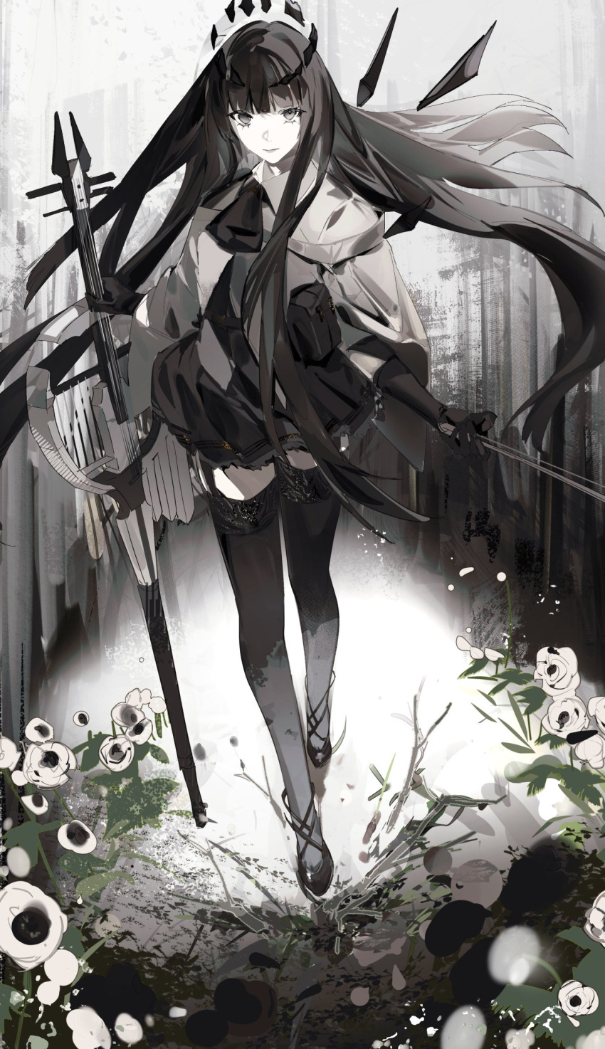 1girl aonogura arknights ascot black_ascot black_eyes black_footwear black_garter_straps black_gloves black_hair black_halo black_skirt black_thighhighs black_wings blunt_bangs bow_(music) broken_halo cello closed_mouth collared_jacket colored_skin commentary dark_halo detached_wings energy_wings expressionless floating_hair flower full_body garter_straps gloves halo high_heels highres hime_cut holding holding_bow_(music) holding_instrument instrument jacket layered_sleeves legs long_hair long_sleeves looking_at_viewer miniskirt pleated_skirt pouch rose short-sleeved_jacket short_over_long_sleeves short_sleeves sidelocks skirt solo standing straight_hair strap strappy_heels symbol-only_commentary thighhighs very_long_hair virtuosa_(arknights) walking white_flower white_jacket white_rose white_skin wide_sleeves wing_collar wings zettai_ryouiki