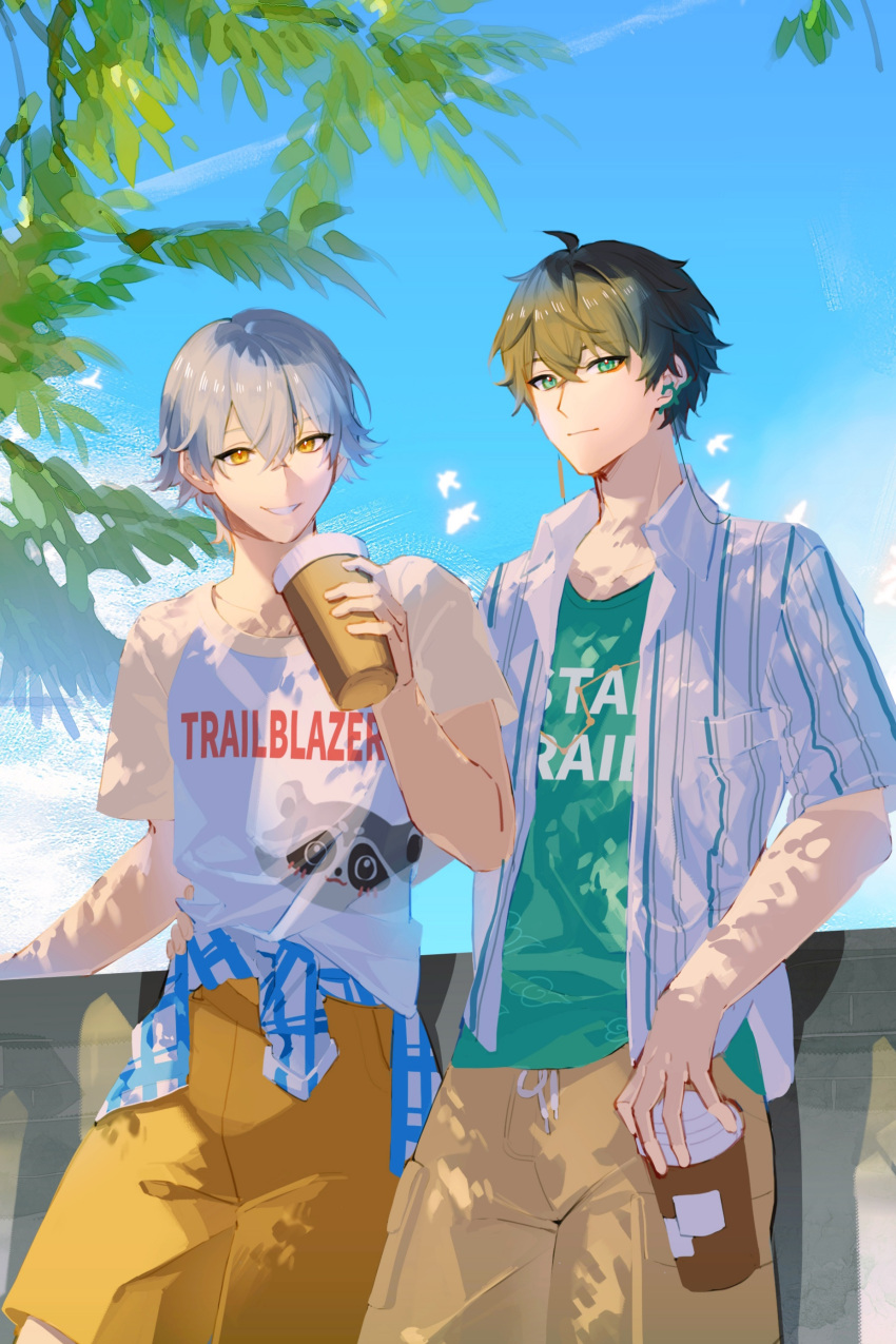 2boys absurdres ahoge alternate_costume animal_print aqua_eyes aqua_shirt bird black_hair blue_sky cable caelus_(honkai:_star_rail) closed_mouth clothes_writing cloud cloud_print cloudy_sky collarbone collared_shirt constellation_print crossed_bangs cup dan_heng_(honkai:_star_rail) day disposable_cup earrings eyeshadow fingernails grey_hair hair_between_eyes hand_around_waist hand_up highres holding holding_cup honkai:_star_rail honkai_(series) jewelry leaf looking_at_viewer makeup male_focus multiple_boys open_clothes open_shirt outdoors plaid plaid_shirt pocket raccoon_print red_eyeshadow ribbon sang_sha shirt short_hair short_sleeves shorts single_earring sky smile standing striped_clothes striped_shirt summer t-shirt teeth tied_shirt trailblazer_(honkai:_star_rail) tree white_ribbon white_shirt wing_collar yellow_eyes yellow_shorts