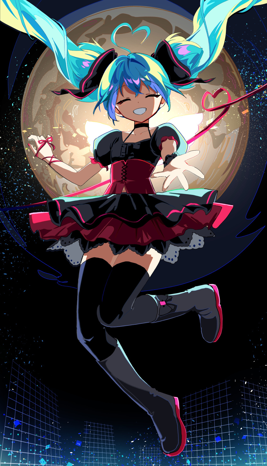 1/6_-out_of_the_gravity-_(vocaloid) 1girl :d absurdres ahoge black_bow black_shirt black_skirt black_thighhighs blue_hair boots bow closed_eyes collarbone corset dot_nose facing_viewer floating floating_hair foot_up full_body full_moon grin hair_bow halter_shirt halterneck hatsune_miku heart heart_ahoge highres kasaki_sakura knees_together_feet_apart layered_skirt miniskirt moon nail_polish night open_hand open_mouth outdoors outstretched_arm pleated_skirt puffy_short_sleeves puffy_sleeves reaching reaching_towards_viewer red_corset red_nails red_skirt shirt short_sleeves skirt smile solo star_(sky) teeth thighhighs thighhighs_under_boots vocaloid zettai_ryouiki