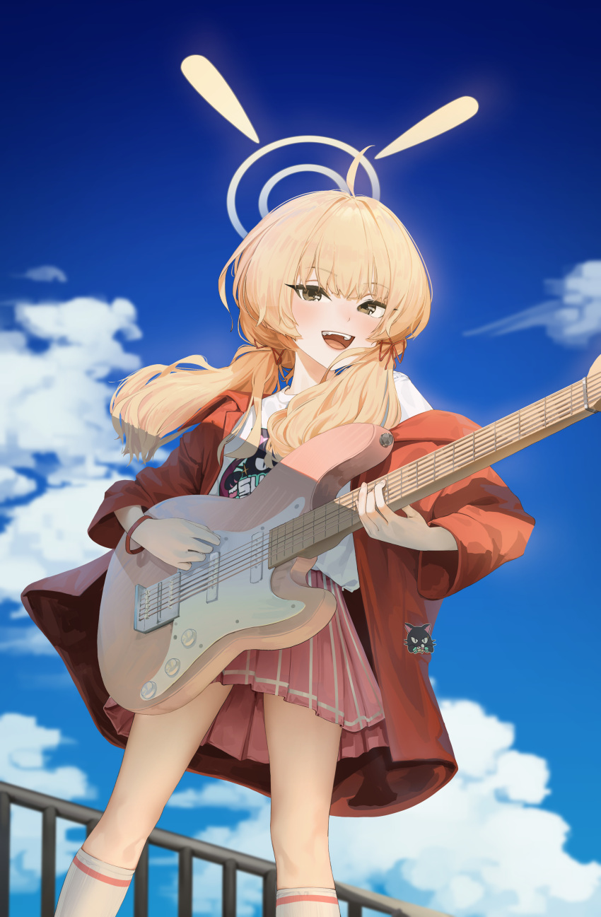 1girl absurdres ahoge blonde_hair blue_archive blush day electric_guitar feet_out_of_frame guitar halo highres holding holding_instrument instrument jacket long_hair long_sleeves low_twintails open_clothes open_jacket open_mouth outdoors pink_skirt pleated_skirt red_jacket shirt skirt smile socks solo tagua twintails white_shirt white_socks yellow_eyes yellow_halo yoshimi_(band)_(blue_archive) yoshimi_(blue_archive)