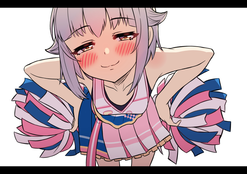 1girl :3 absurdres armpits bare_arms blush breasts cheerleader collarbone cowboy_shot dot_nose gupunetsu hair_flaps half-closed_eyes hands_on_own_hips highres idolmaster idolmaster_cinderella_girls idolmaster_cinderella_girls_starlight_stage koshimizu_sachiko leaning_forward letterboxed looking_at_viewer medium_breasts pleated_skirt pom_pom_(cheerleading) purple_hair shirt short_hair sidelocks simple_background skirt sleeveless sleeveless_shirt solo standing white_background