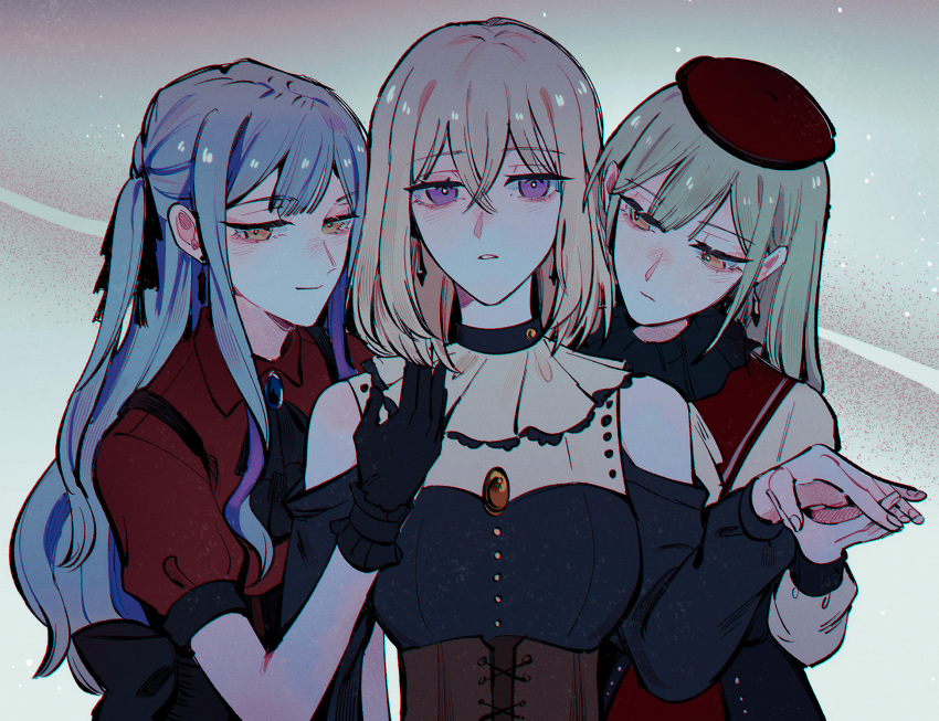 3girls ascot bang_dream! bang_dream!_it's_mygo!!!!! black_ascot black_gloves black_ribbon black_skirt blonde_hair blue_hair brown_corset closed_mouth clothing_cutout collared_shirt corset earrings gloves green_hair grey_background hair_ribbon hand_on_another's_shoulder highres holding_hands jewelry long_hair looking_at_another maybecrosswise medium_hair misumi_uika multiple_girls parted_lips purple_eyes red_hair red_shirt ribbon shirt shoulder_cutout skirt smile togawa_sakiko two_side_up upper_body wakaba_mutsumi yellow_eyes yuri