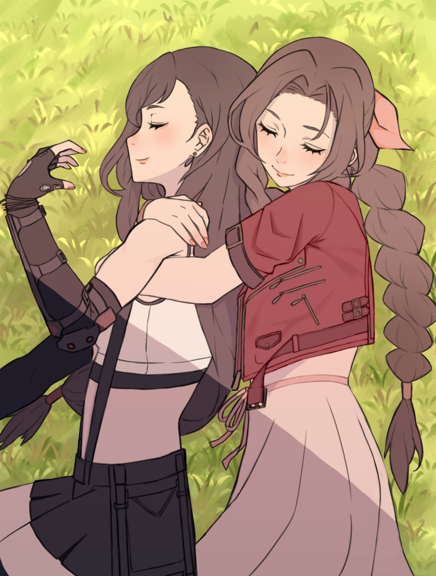 2girls absurdres aerith_gainsborough black_gloves black_hair black_skirt braid brown_hair closed_eyes closed_mouth cropped_shirt dress earrings eyelashes final_fantasy final_fantasy_vii final_fantasy_vii_remake fingerless_gloves gloves grass hair_ribbon highres hug hug_from_behind jacket jewelry long_hair multiple_girls on_grass pink_dress red_jacket ribbon shirt short_sleeves skirt sleeveless sleeveless_shirt smile suspender_skirt suspenders tbjj1208 tifa_lockhart white_shirt yuri