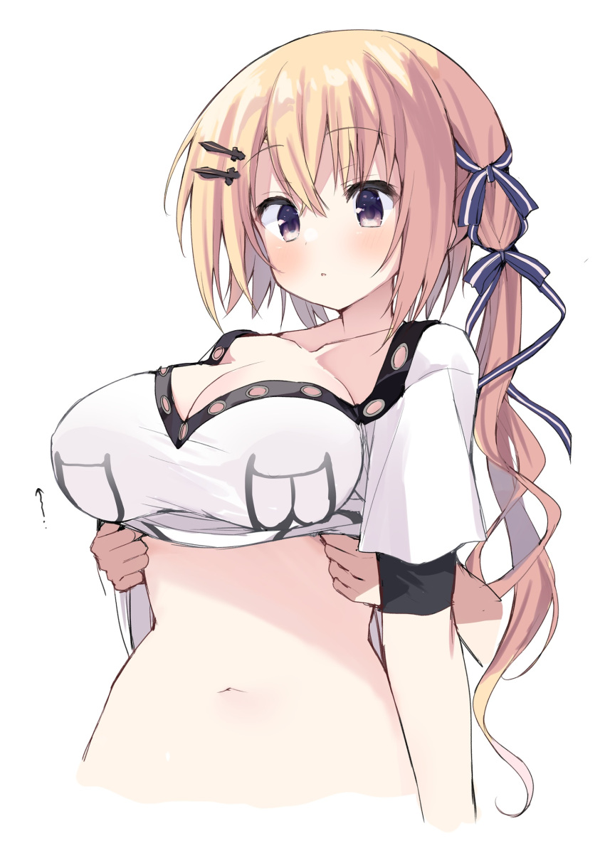 1girl 1other arm_at_side arrow_(symbol) black_ribbon blush breast_lift breasts cleavage clothes_lift collarbone commentary cropped_torso crossed_bangs curvy grabbing grabbing_from_behind hair_between_eyes hair_ornament hair_ribbon hairclip highres large_breasts light_brown_hair long_hair looking_down navel oogaki_hinata otome_domain parted_lips purple_eyes ribbon shirt shirt_lift short_sleeves side_ponytail simple_background solo_focus takepoison upper_body very_long_hair white_background white_shirt