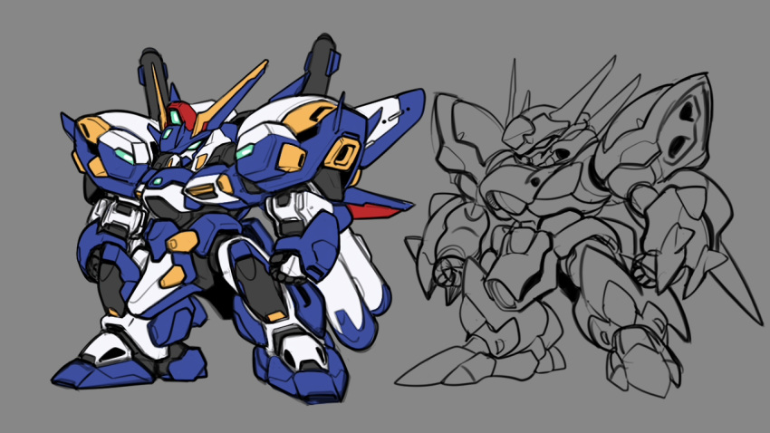 aqua_eyes chibi clenched_hands grey_background haganef horns mecha no_humans original science_fiction sketch standing super_robot_wars