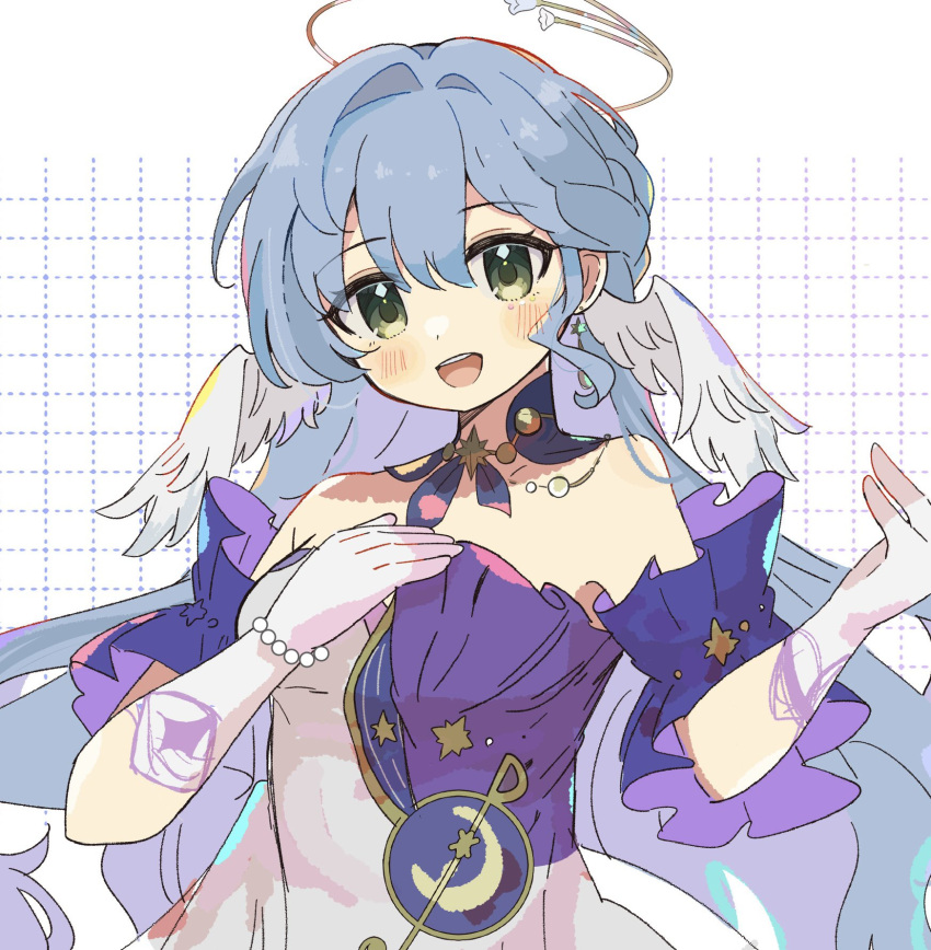 1girl aqua_eyes bare_shoulders bead_bracelet beads bracelet dress earrings gloves hair_between_eyes halo hands_up hara_(nanohara) head_wings highres honkai:_star_rail honkai_(series) jewelry long_hair looking_at_viewer open_mouth purple_dress robin_(honkai:_star_rail) simple_background smile solo teeth two-tone_dress upper_teeth_only white_dress white_gloves white_wings wings