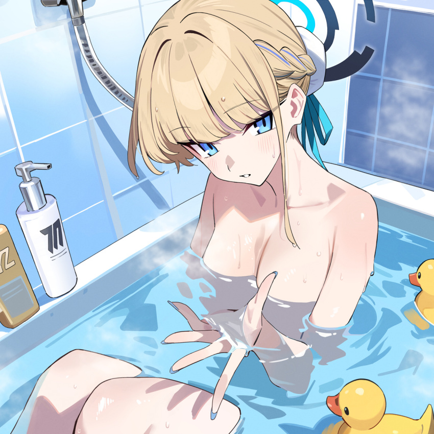 1girl bathing bathtub blonde_hair blue_archive blue_eyes blue_halo blunt_bangs braid breasts bun_cover cleavage commentary_request crown_braid hair_ribbon halo highres looking_at_viewer nude partially_submerged ribbon rubber_duck shampoo_bottle solo tile_wall tiles toki_(blue_archive) water wet xiaoxiao_de_kuangsan