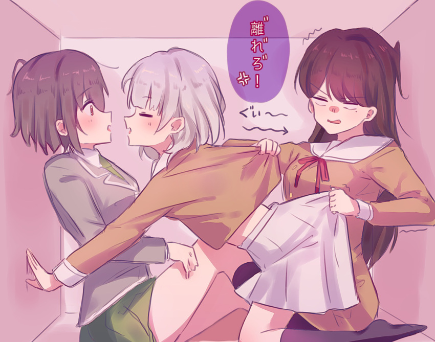 3girls bang_dream! bang_dream!_it's_mygo!!!!! black_hair black_socks blazer blush box breasts brown_dress brown_eyes brown_shirt closed_eyes collared_shirt commentary_request dress green_necktie green_skirt grey_hair grey_jacket hanasakigawa_school_uniform haneoka_school_uniform highres imminent_kiss in_box in_container jacket kaname_raana kneehighs long_hair long_sleeves medium_breasts meu203 midriff mole mole_under_eye multiple_girls neck_ribbon necktie no_shoes open_mouth pleated_dress pleated_skirt red_ribbon ribbon sailor_collar sailor_dress school_uniform serafuku shiina_taki shirt shirt_tug short_hair skirt skirt_tug small_breasts socks takamatsu_tomori translation_request white_hair white_sailor_collar white_shirt white_skirt yuri