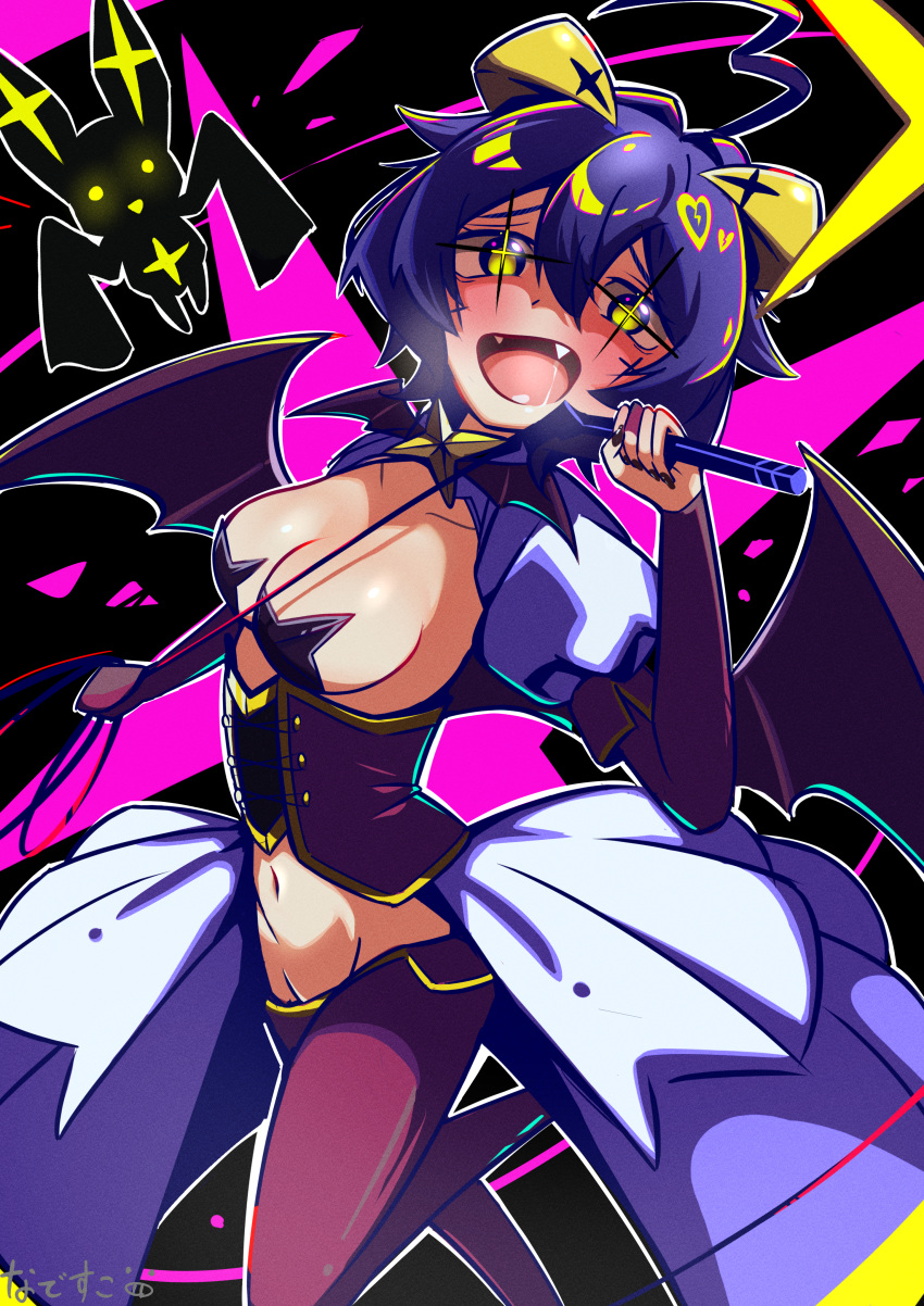 1girl absurdres ahoge bat_brooch black_corset black_gloves black_hair black_nails black_pants breasts bridal_gauntlets brooch corset elbow_gloves fangs forward_facing_horns gloves groin highres hiiragi_utena holding holding_whip horns jewelry leg_up looking_at_viewer lowleg lowleg_pants magia_baiser magical_girl mahou_shoujo_ni_akogarete medium_breasts nadesukos navel open_mouth pants pasties puffy_short_sleeves puffy_sleeves saliva short_hair short_sleeves showgirl_skirt shrug_(clothing) smile standing standing_on_one_leg star-shaped_pupils star_(symbol) star_brooch symbol-shaped_pupils venalita white_shrug wings yellow_eyes yellow_horns