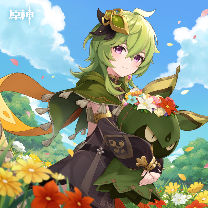 1girl absurdres black_dress blue_sky capelet cloud collei_(genshin_impact) commentary_request day detached_sleeves dress flower genshin_impact green_capelet green_hair hair_ornament highres holding long_hair long_sleeves looking_at_viewer official_art purple_eyes red_flower sky smile solo white_flower yellow_flower